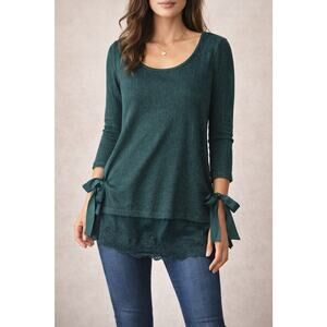 LC Lauren Conrad Green Lace Hem Tunic Top Medium 3/4 Sleeve Bow Side Knit